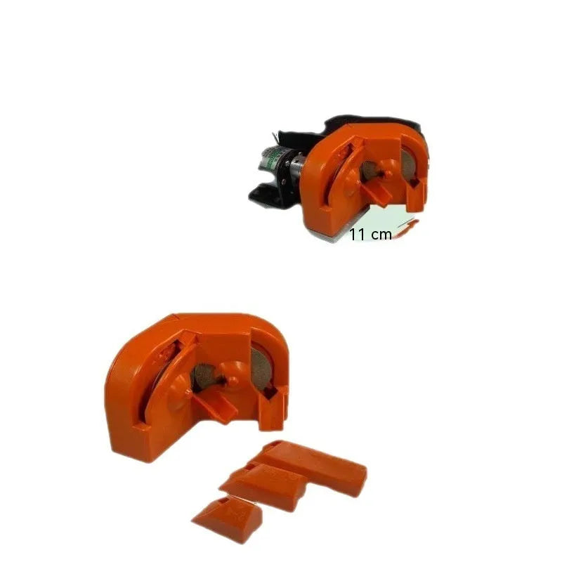 Portable grinding sander with orange and black replacement wheels for universal drill attachment