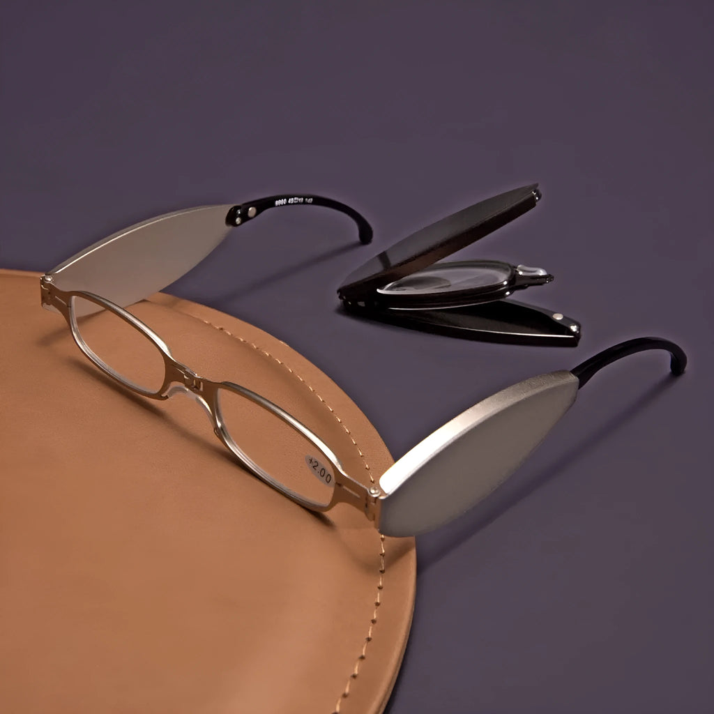 Folding pocket presbyopic glasses with retro frame, shown in black and silver colours