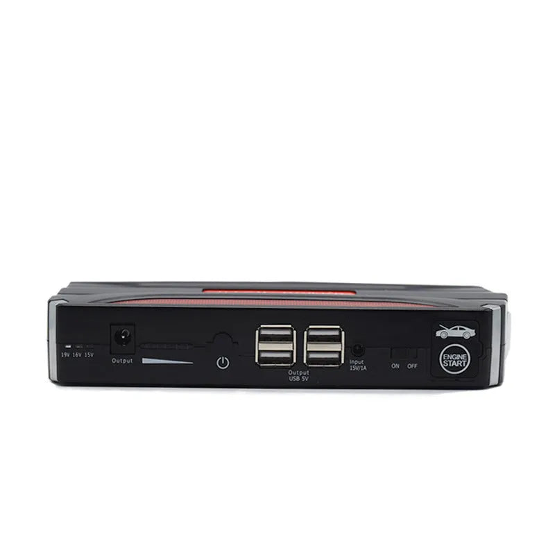 Black and red vehicle emergency jump starter with 7800mAh battery capacity showing connection clamps