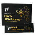 Jar of T1 Black Thai Honey with dark black-coloured honey inside.