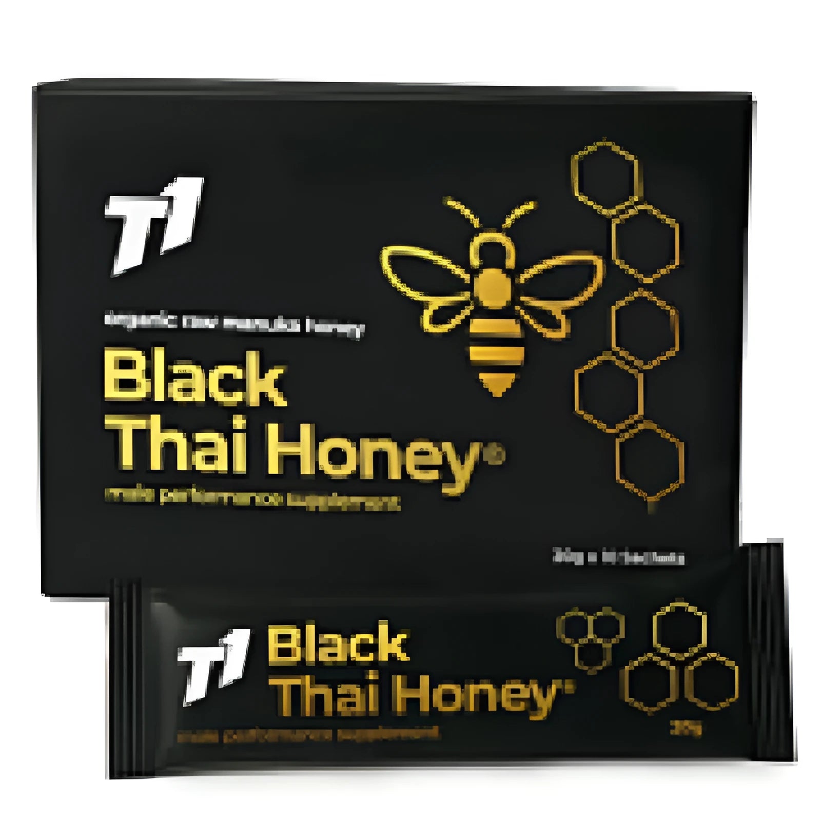 Jar of T1 Black Thai Honey with dark black-coloured honey inside.