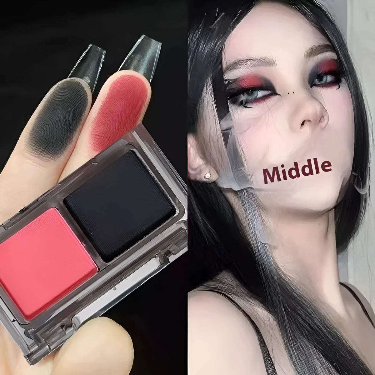 Cool two-tone eyeshadow palette showing pink and black matte shimmer shades