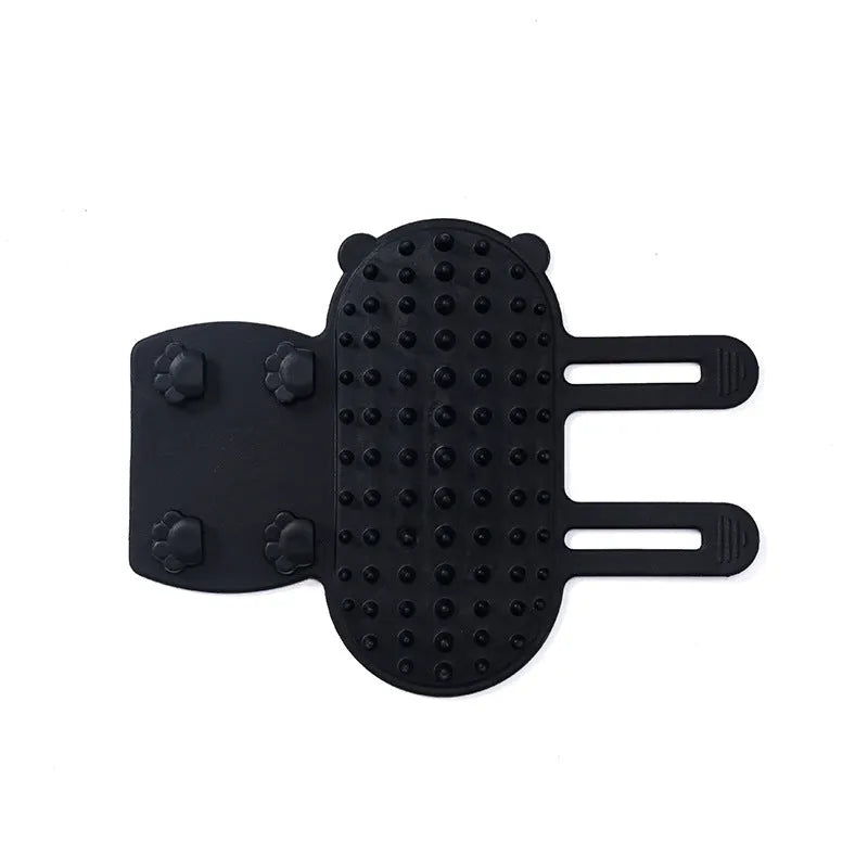Silicone cat grooming comb and scratcher set with adjustable strap in black, green, pink, or yellow.