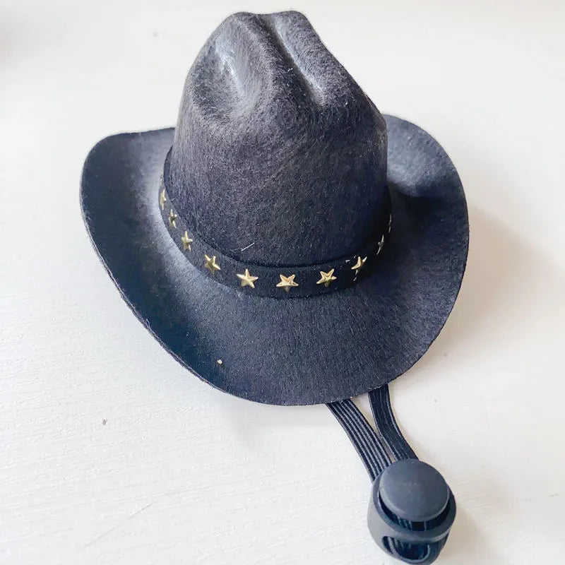 British cowboy style hat for a cat, made from brown non woven fabric with a black ribbon trim.