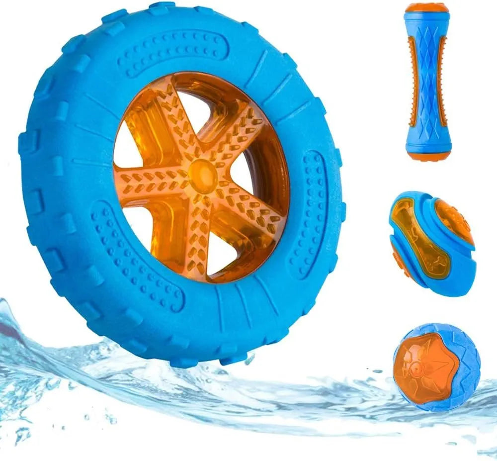 Three TPR floating dog toys: a ball, barbell, and tyre with bumpy textures for water fetch