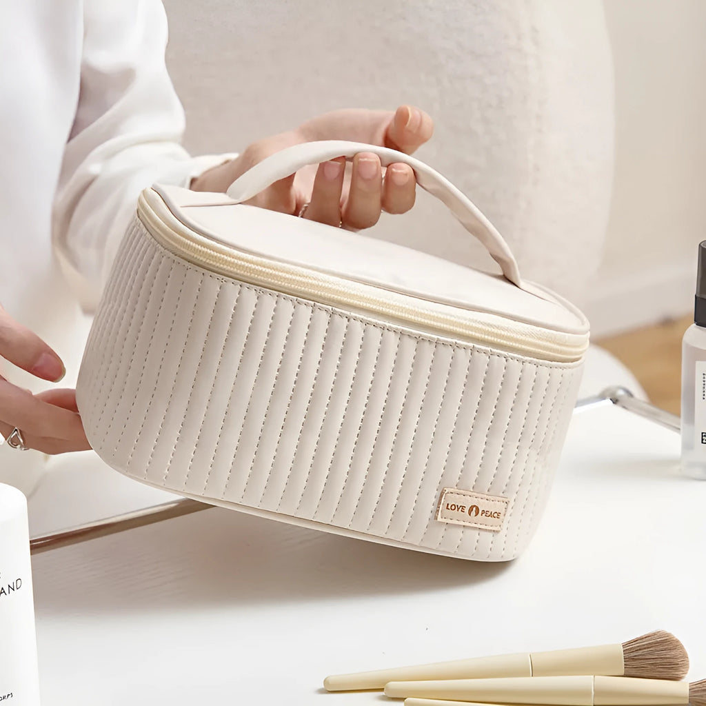 Open-top makeup bag in PU leather showing rectangular shape and solid colour options