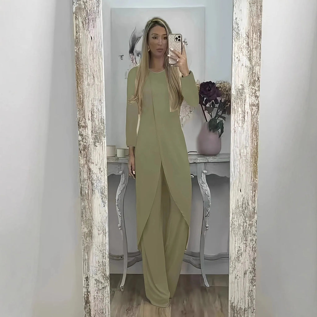 Casual long sleeve two-piece set with loose round neck top and matching trousers in polyester