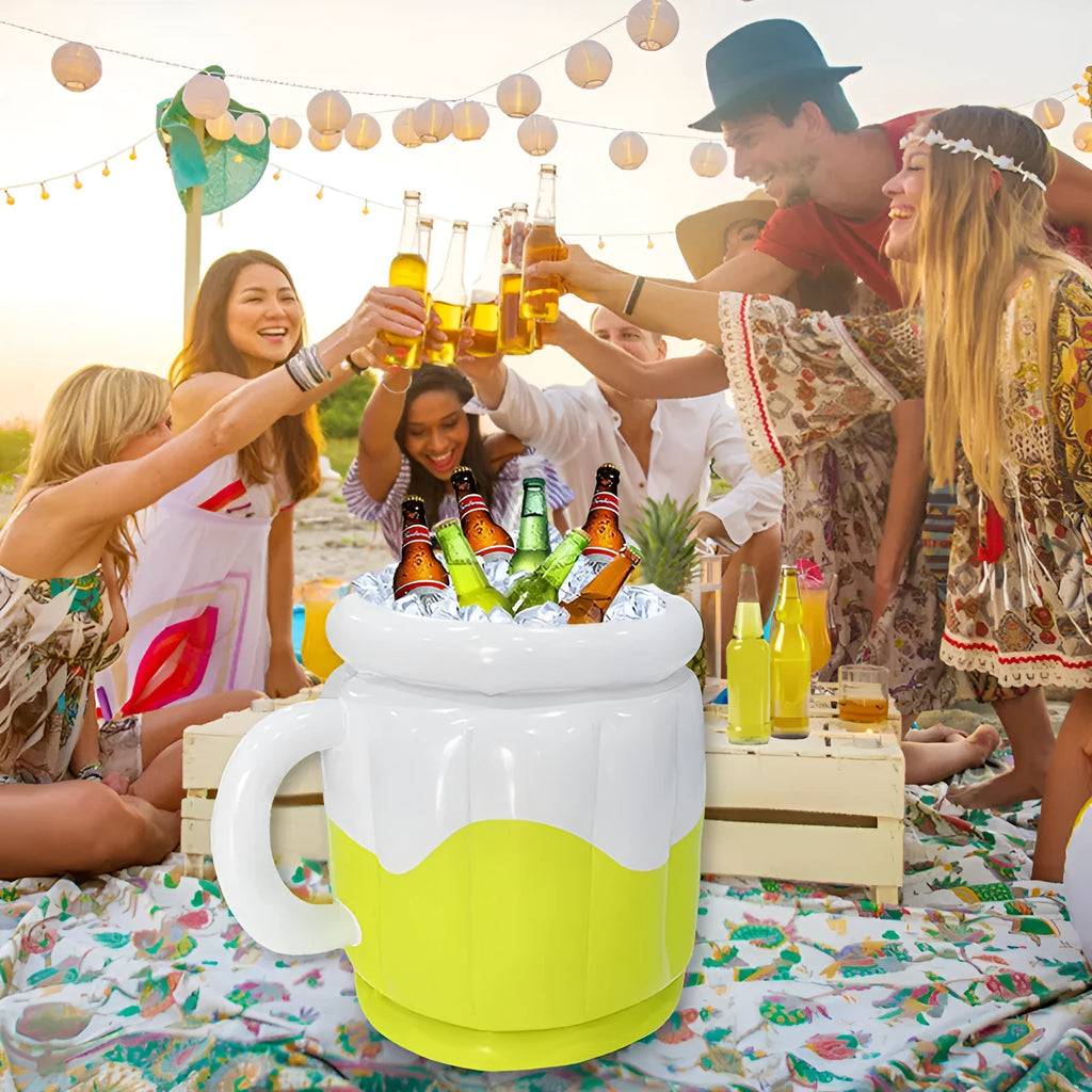 Yellow inflatable PVC ice bucket for chilling beers, shown inflated and ready for use.