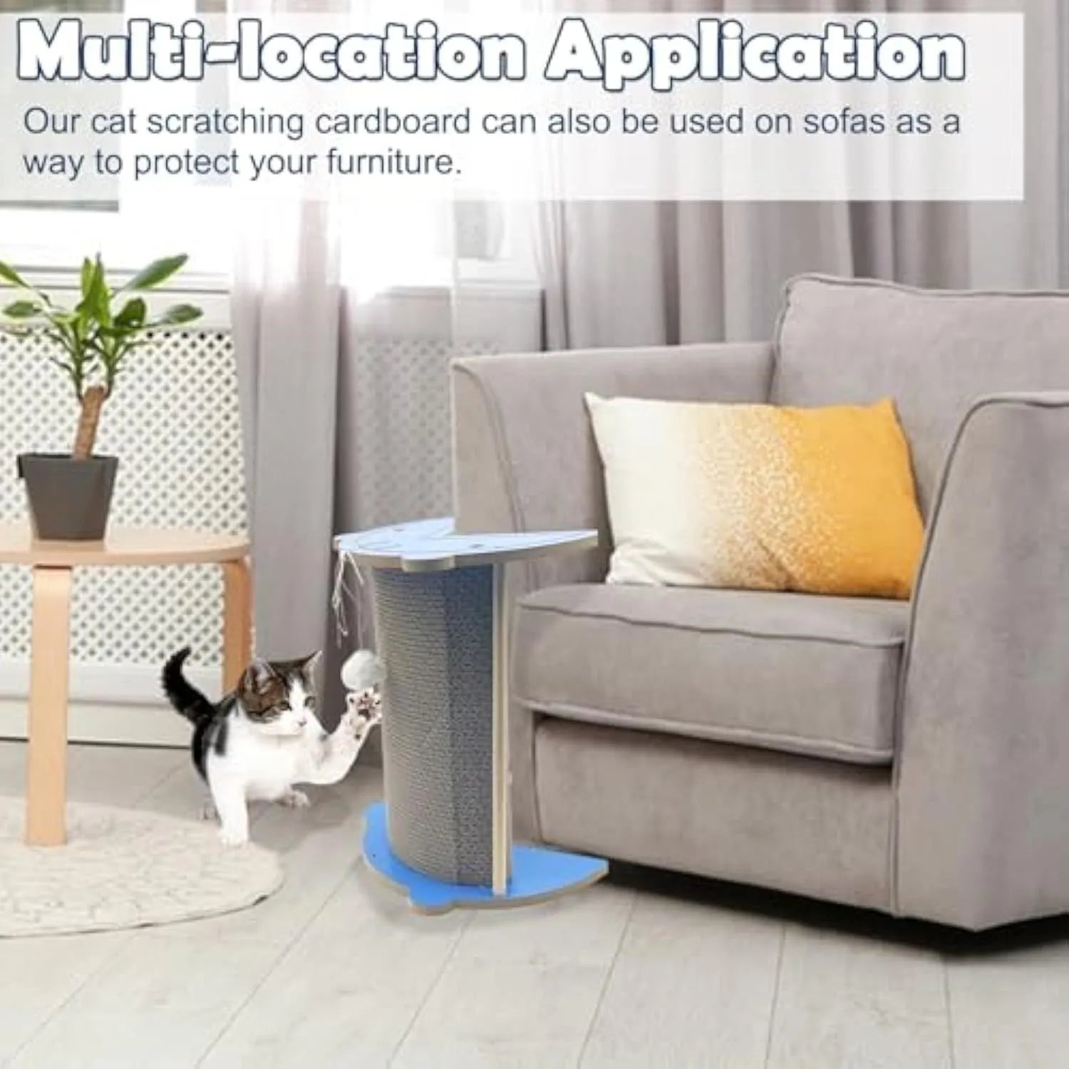 Corner cat scratching pad with hanging ball on cardboard surface