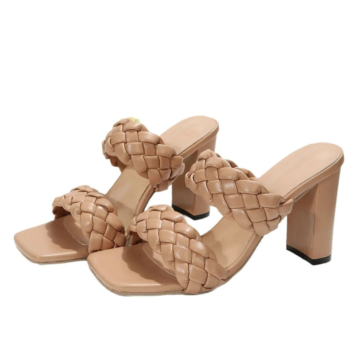 White square toe flip-flops with chunky heel and woven twisted detail on a PU upper with a rubber sole.