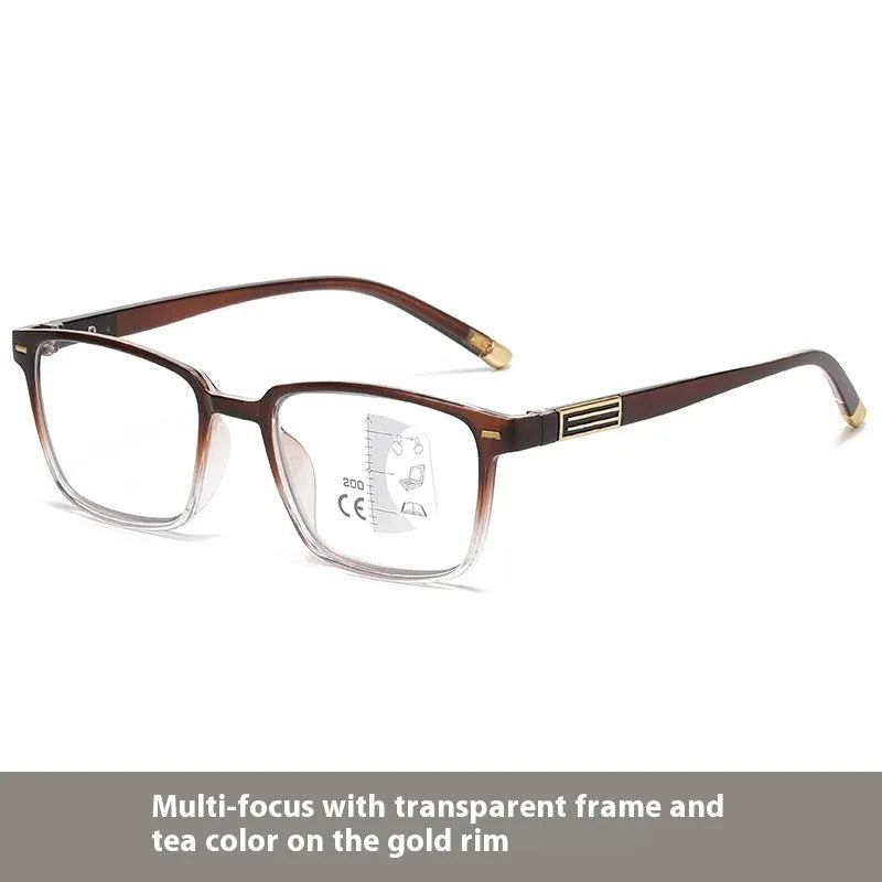 Multifocal reading glasses with anti blue light and colour-changing lenses in various frame colours