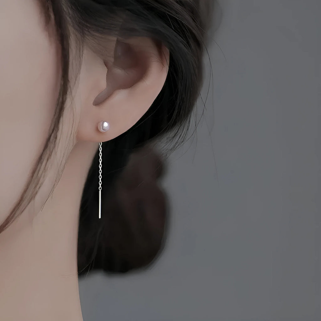 Sterling silver ear thread earrings with a selection of pearl, zircon, clay ball, and geometric star or heart charms.