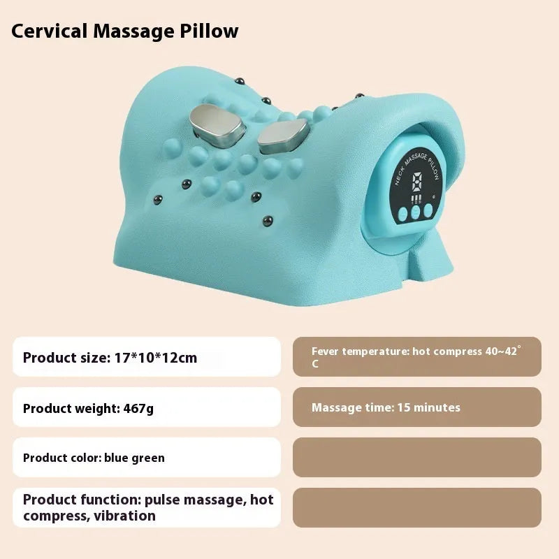 Blue-green portable massage pillow for neck and shoulder with EMS, heat, and vibration functions