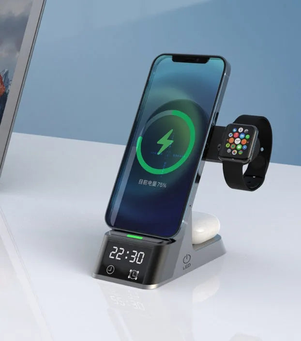 Black six-in-one alarm clock wireless charging station with display and charging surface