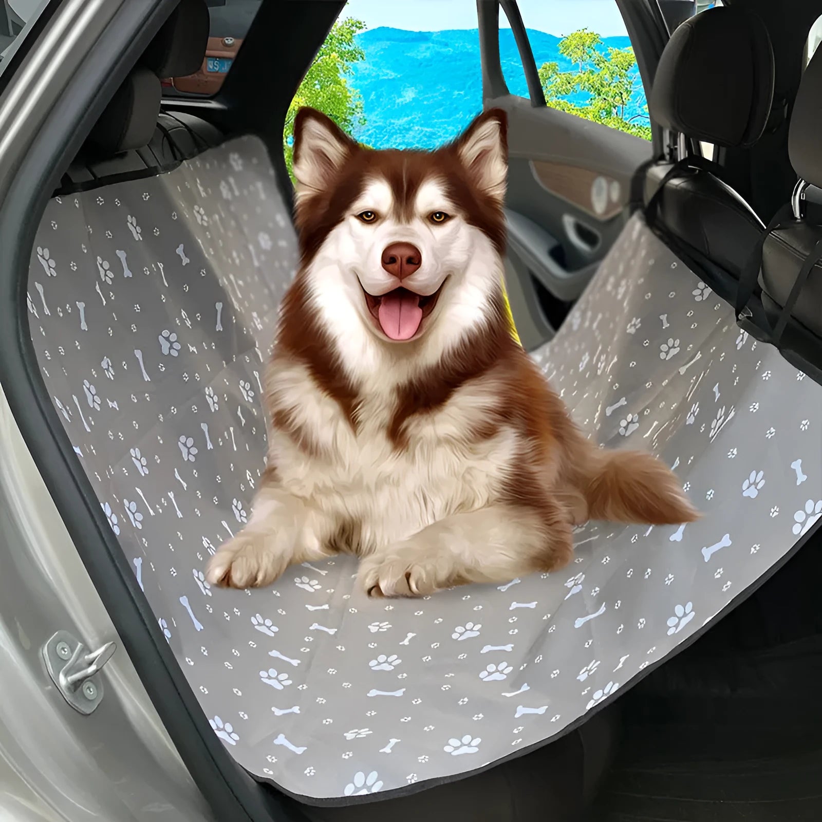 Car rear seat pet mat with water resistant isolation padding in dog bone print design