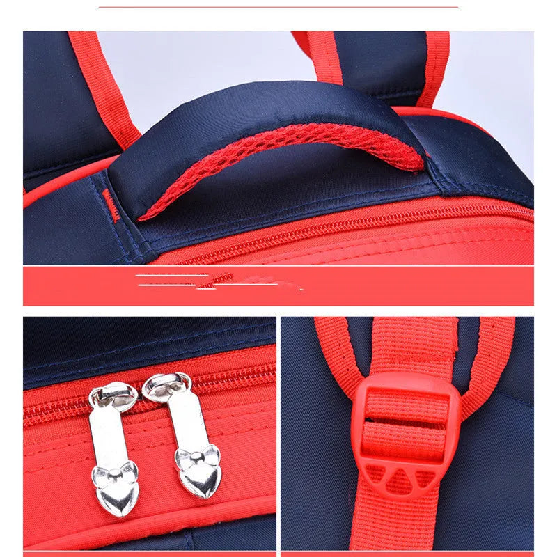 Blue cartoon anime print nylon school backpack with pencil case, shown with open compartment