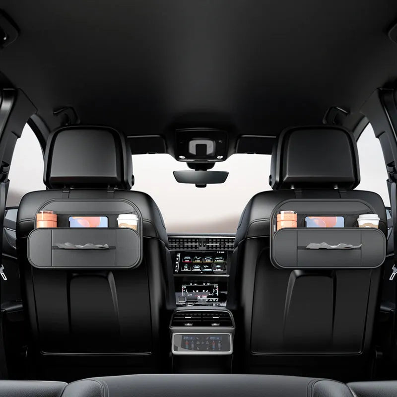Black genuine leather car seat back storage bag with compartments