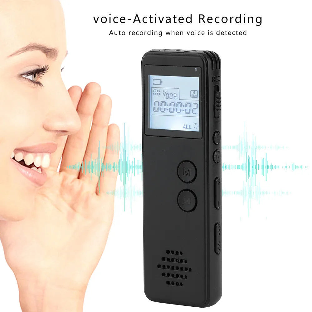 Black digital voice recorder with broken code screen measuring 88mm × 33mm × 12.5mm