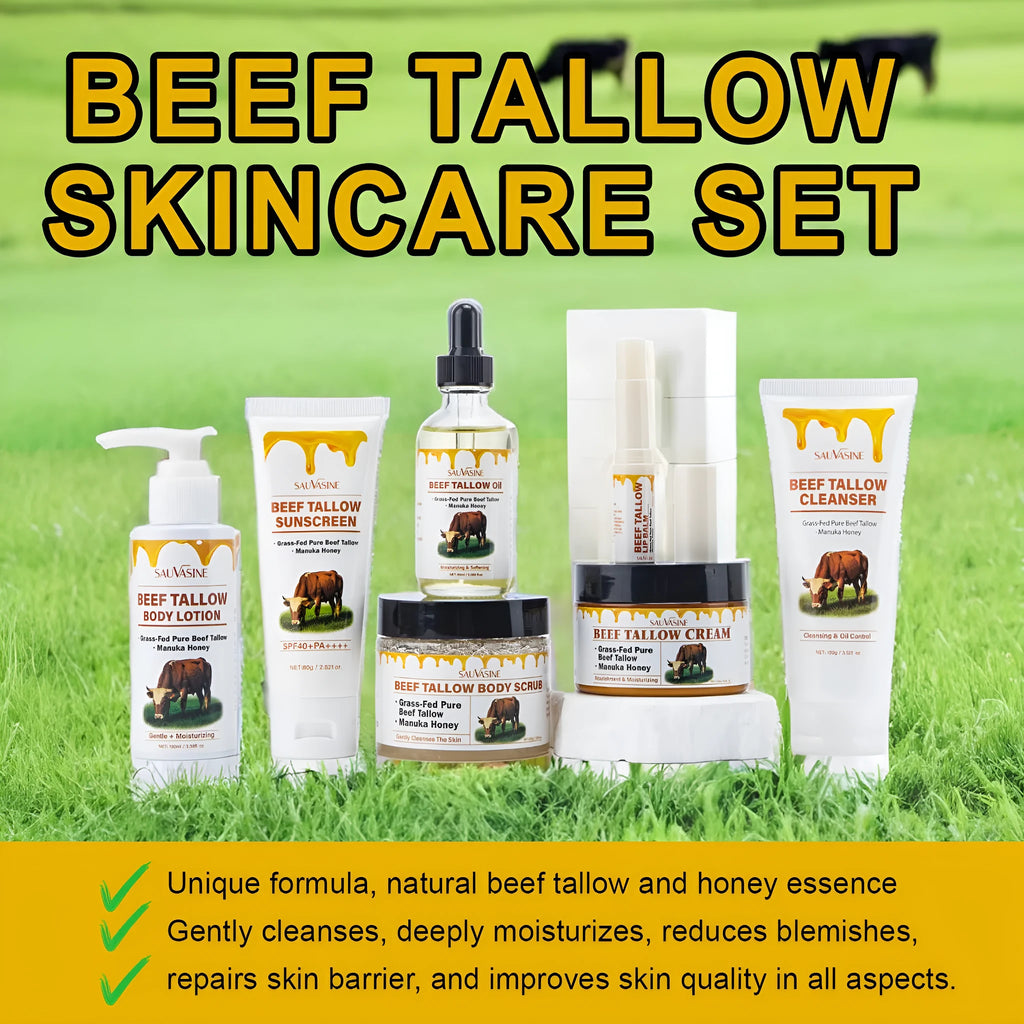 Butter Honey seven-piece facial care set showing cleanser, face cream, lipstick, protective cream, body lotion, facial scrub and beef fat cream
