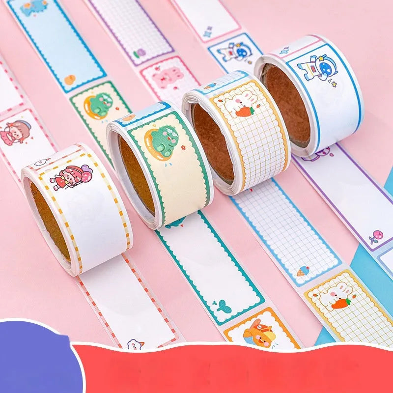 Roll of cartoon tape name labels showing dinosaur, astronaut, rabbit, and girl design options