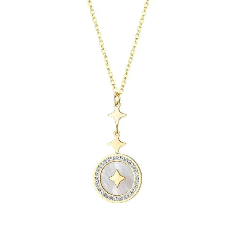 Geometric six-pointed star titanium steel necklace on a model, showing rose gold and gold colour options.