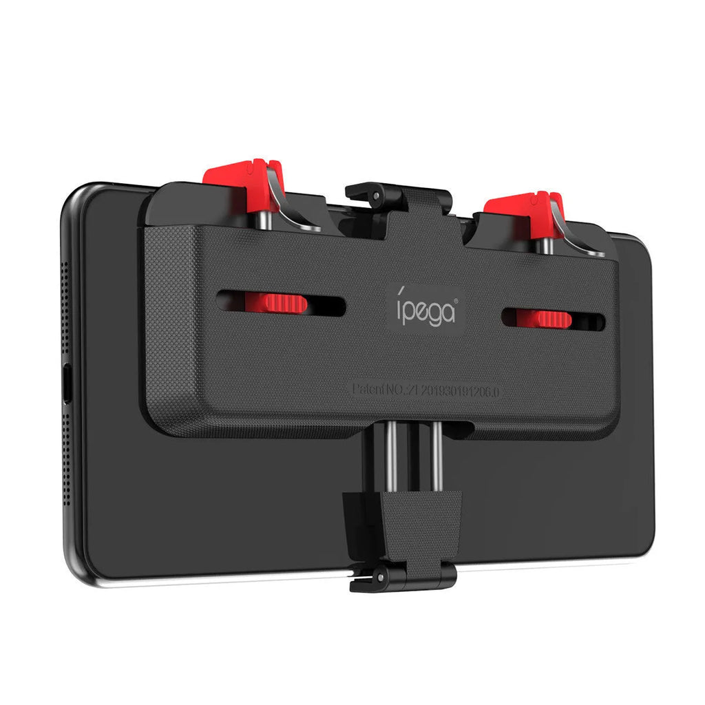 Black PG-9137 mobile phone gaming trigger bracket with adjustable metal trigger and telescopic clamping arm.