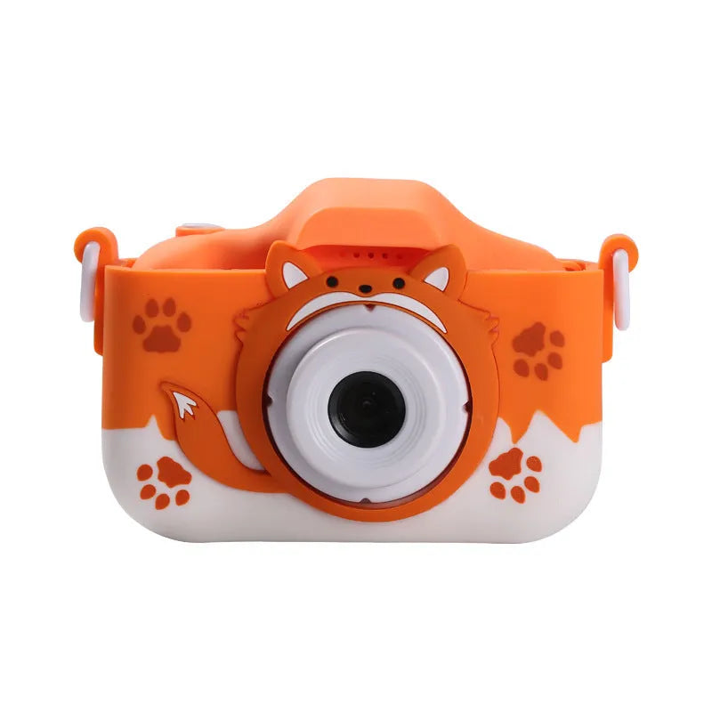 Blue HD cartoon children's digital camera with compact design on a lanyard.