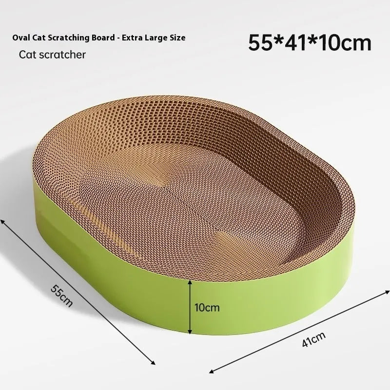 Green oval corrugated paper cat nest with scratch board surface measuring 55 cm diameter