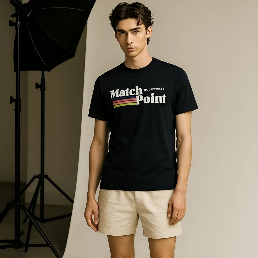 Men's black short sleeve t-shirt with 3D digital printed pattern and round neck