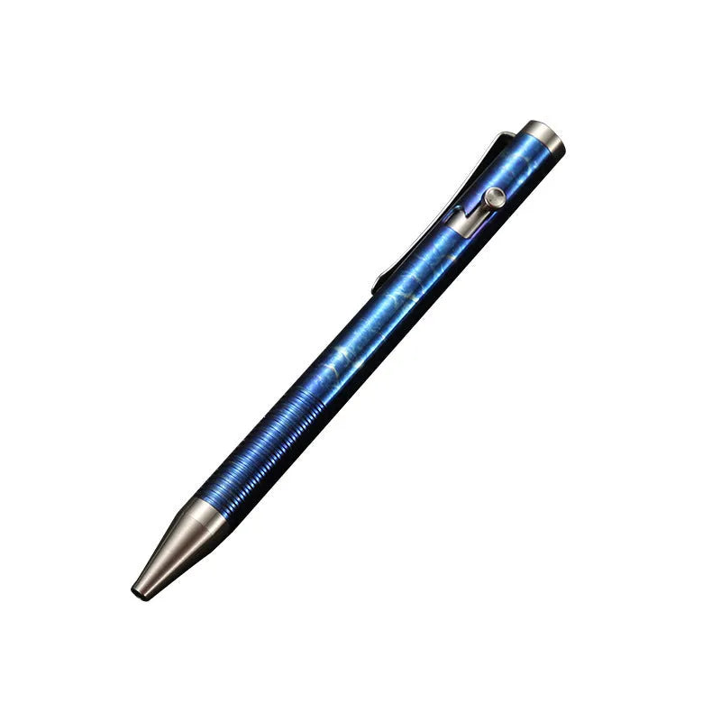 Titanium alloy bolt handle ballpoint pen with magic colour finish showing random phantom colour distribution