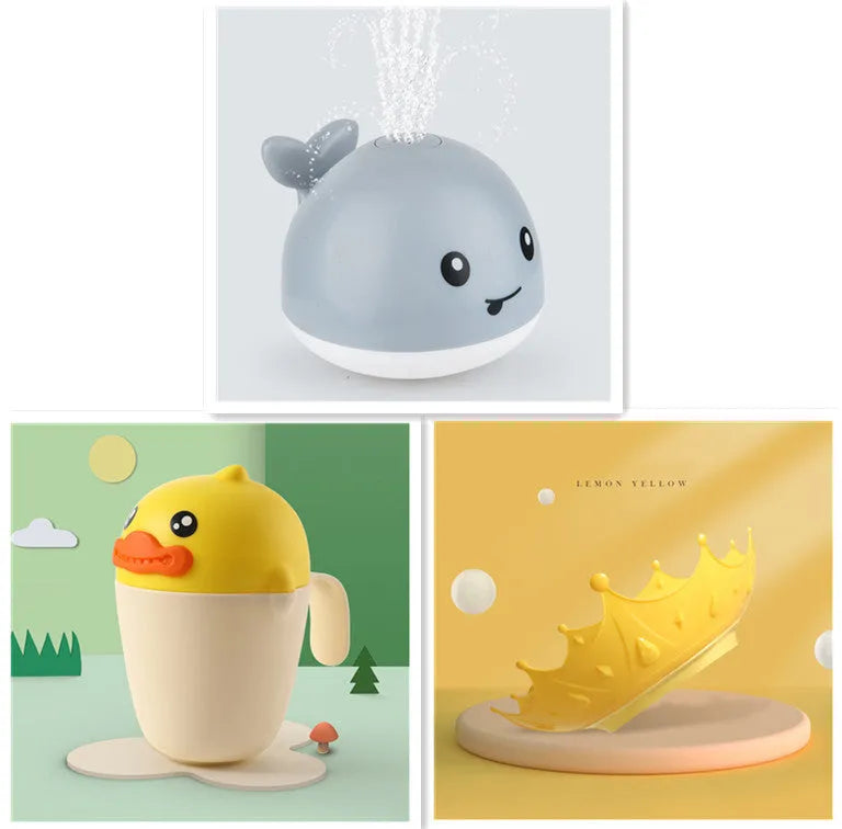 Electric whale bath toy spraying water with flashing LED lights in baby bath