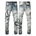 Blue distressed skinny jeans with button fly closure and micro elastic cotton fabric