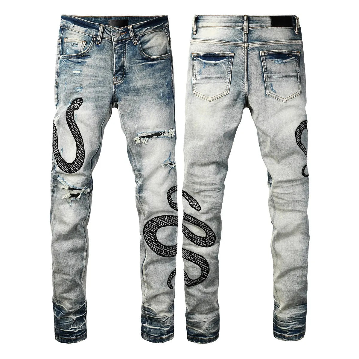 Blue distressed skinny jeans with button fly closure and micro elastic cotton fabric