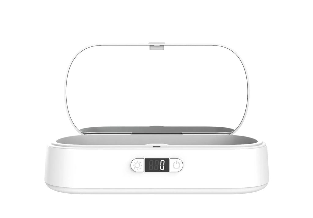 White UV sterilizer box with wireless charging function for phones and personal items