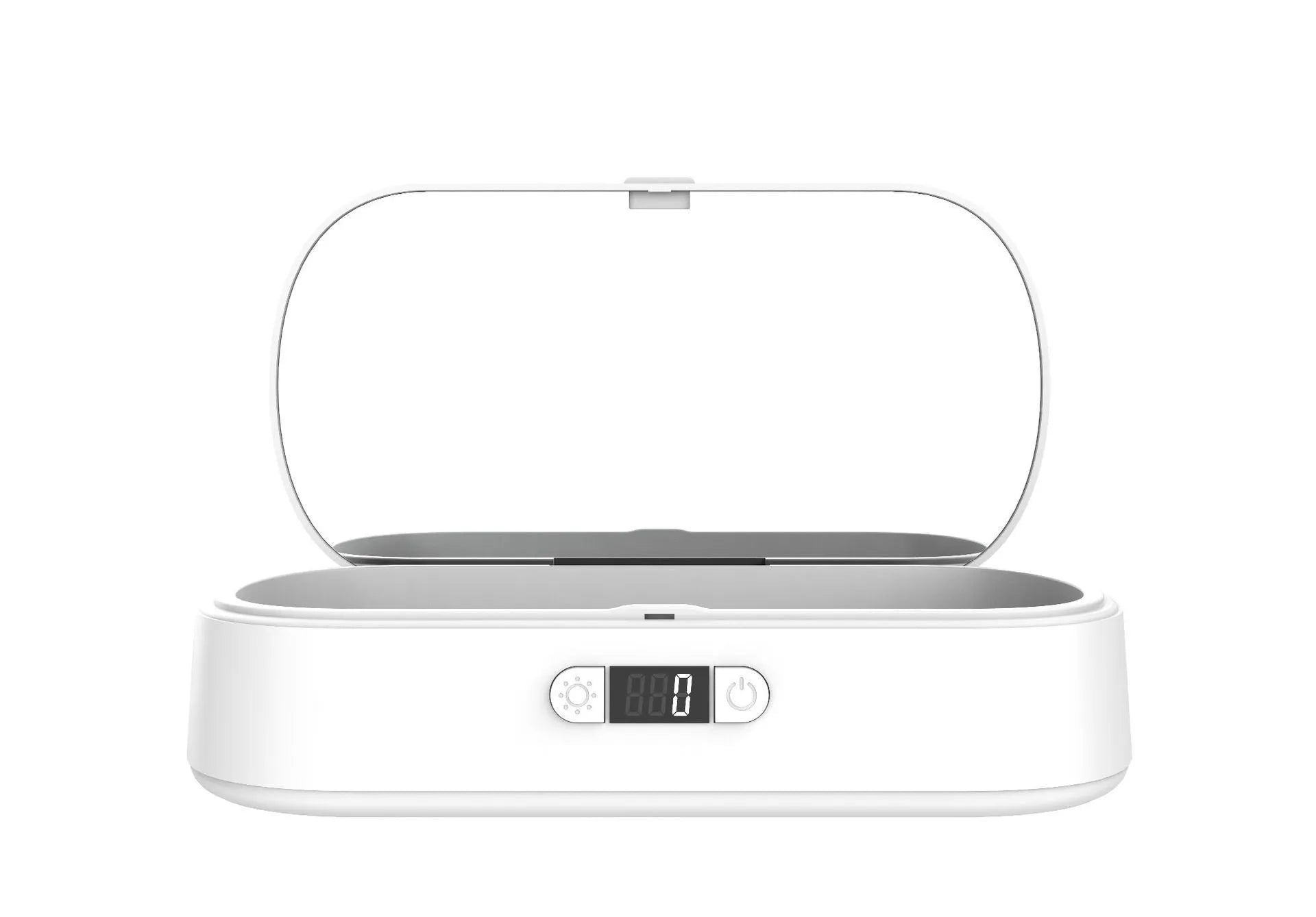 White UV sterilizer box with wireless charging function for phones and personal items