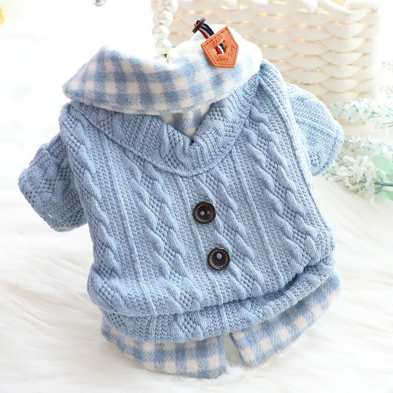 Blue and pink wool plaid dog sweater with two-piece fleece-lined design for pet warmth