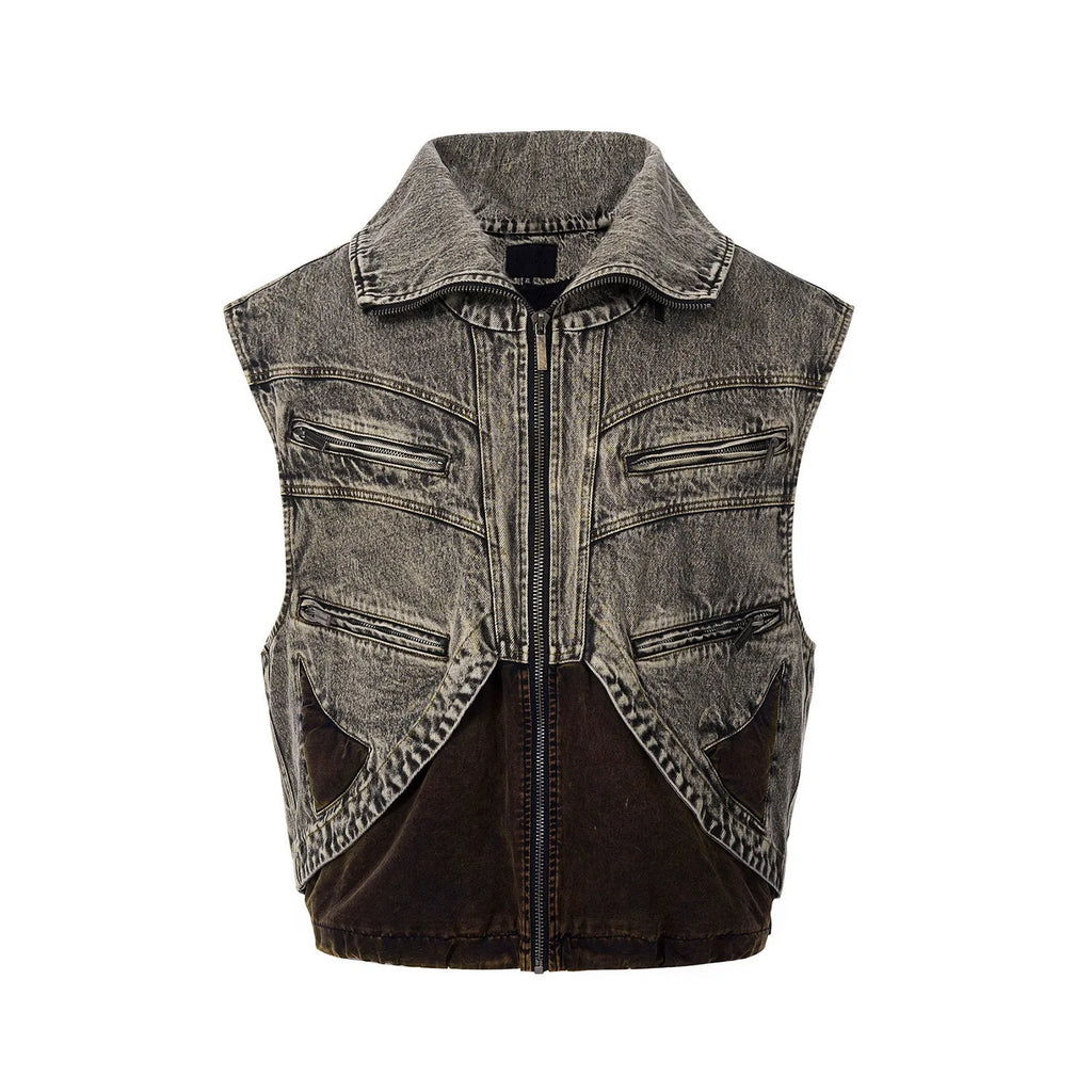 Men's blue denim vest with front zipper and sleeveless design on hanger