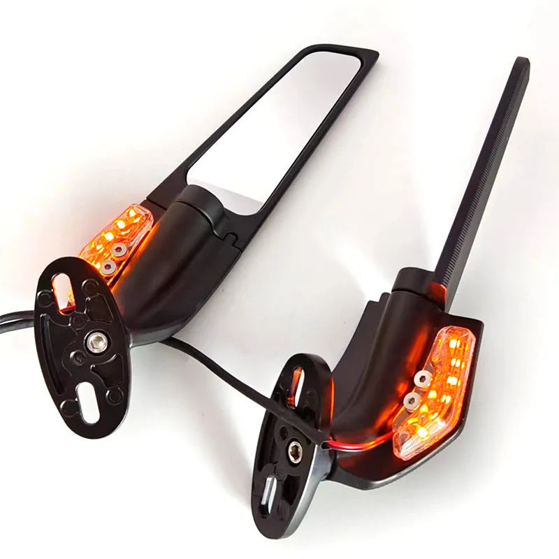 Pair of yellow-light aluminium motorcycle rearview mirrors with convex glass lenses.