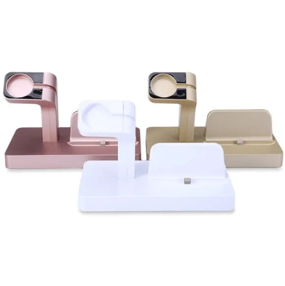 White 2-in-1 charging dock holding an iPhone and an Apple Watch upright on a desk.