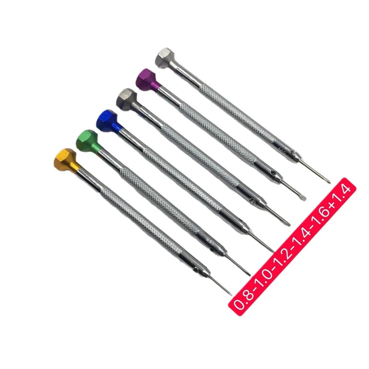 Six colour-coded watch repair screwdrivers with aluminium handles and magnetic steel tips on a grey background.