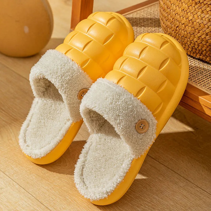 Women's detachable plush-lined EVA slippers in pink with non-slip soles for winter indoor wear