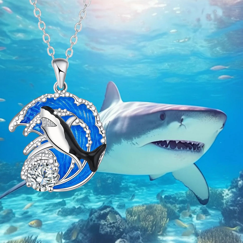 HAILANG women's silver-tone shark pendant necklace on a cross chain, adjustable length.