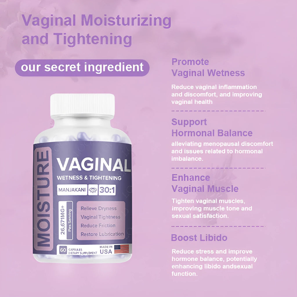 Bottle of 60 vaginal capsules with plant extract formulation for women's reproductive health