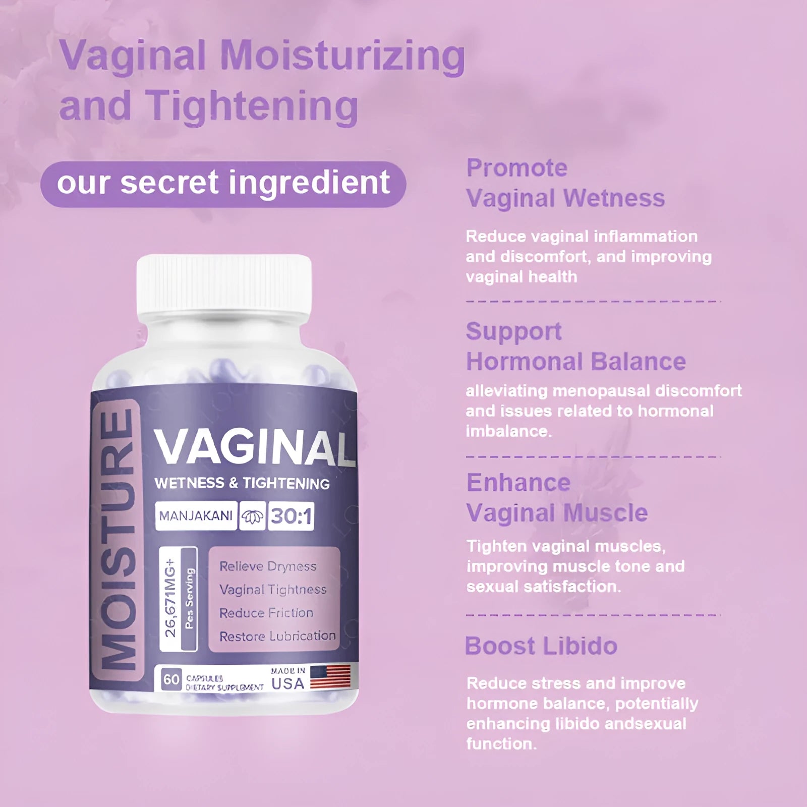 Bottle of 60 vaginal capsules with plant extract formulation for women's reproductive health
