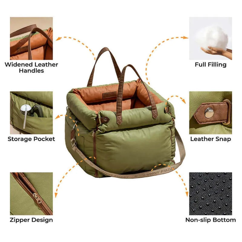 Green waterproof PU pet car nest for dogs, shown on a car seat with dimensions 55x50x45cm.
