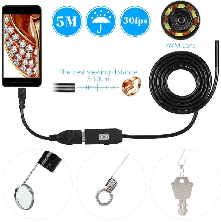 OWSOO USB endoscope camera with 7mm lens, 5m cable, magnet, hook and side audition tools on a white background.
