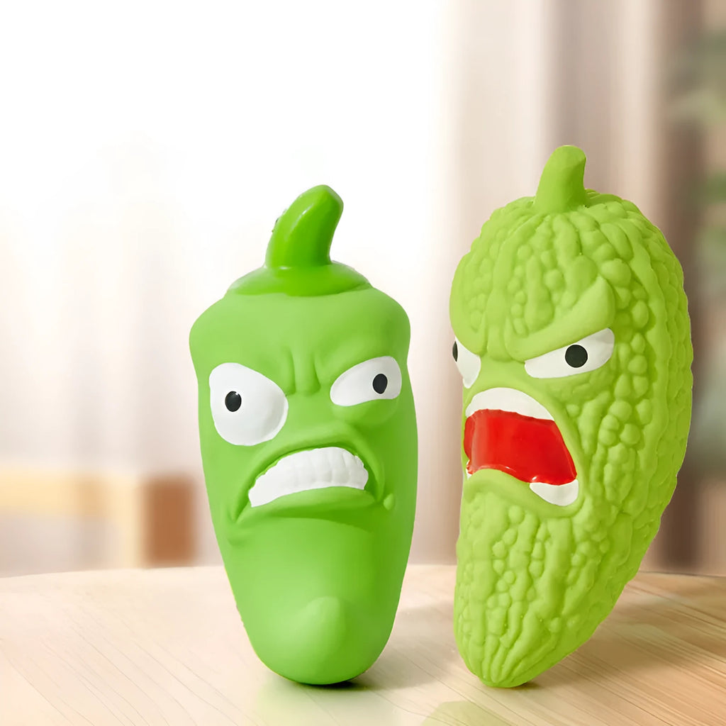 Bitter melon and chili shaped dog chewing toys with textured surfaces for dental cleaning
