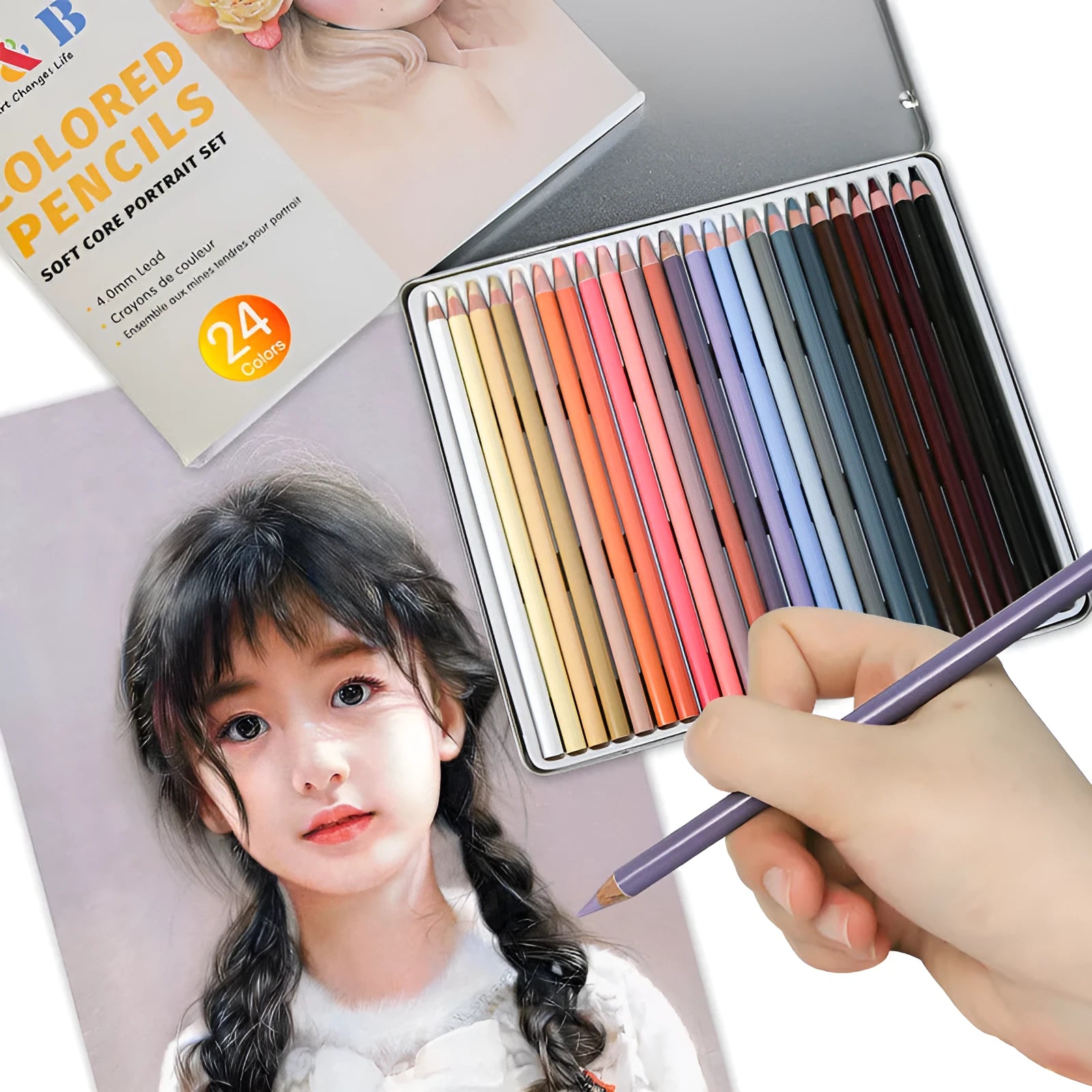 24 skin tone colour pencils for portrait artwork in round brush pot with iron box