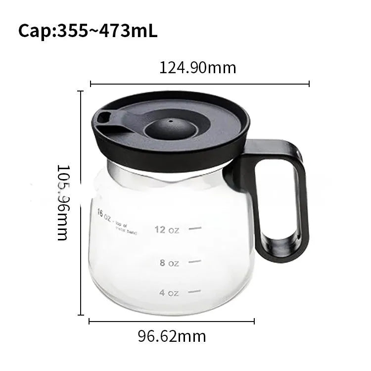 Transparent borosilicate glass coffee maker with silicone cover showing 355-473ml capacity