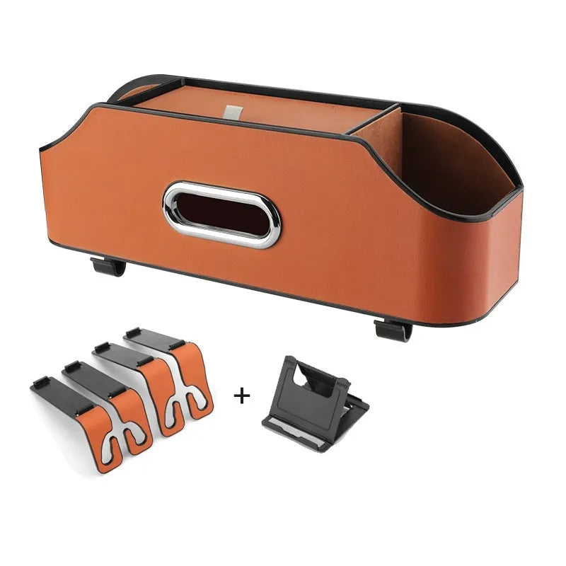 Genuine leather car tissue box organiser with integrated cup holder and buggy bag
